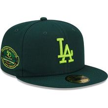 Load image into Gallery viewer, Los Angeles Dodgers New Era MLB 59FIFTY 5950 Fitted Cap Hat Dark Green Crown/Visor Lime Green Logo 50th Anniversary Side Patch Lime Green UV
