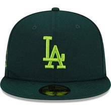 Load image into Gallery viewer, Los Angeles Dodgers New Era MLB 59FIFTY 5950 Fitted Cap Hat Dark Green Crown/Visor Lime Green Logo 50th Anniversary Side Patch Lime Green UV
