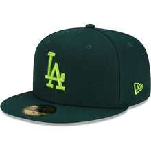Load image into Gallery viewer, Los Angeles Dodgers New Era MLB 59FIFTY 5950 Fitted Cap Hat Dark Green Crown/Visor Lime Green Logo 50th Anniversary Side Patch Lime Green UV
