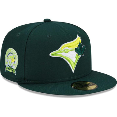 Toronto Blue Jays New Era MLB 59FIFTY 5950 Fitted Cap Hat Dark Green Crown/Visor Light Green/White Logo 40th Anniversary Side Patch 