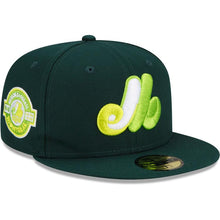Load image into Gallery viewer, Montreal Expos New Era MLB 59FIFTY 5950 Fitted Cap Hat Dark Green Crown/Visor Light Green/White Logo 40th Anniversary Side Patch
