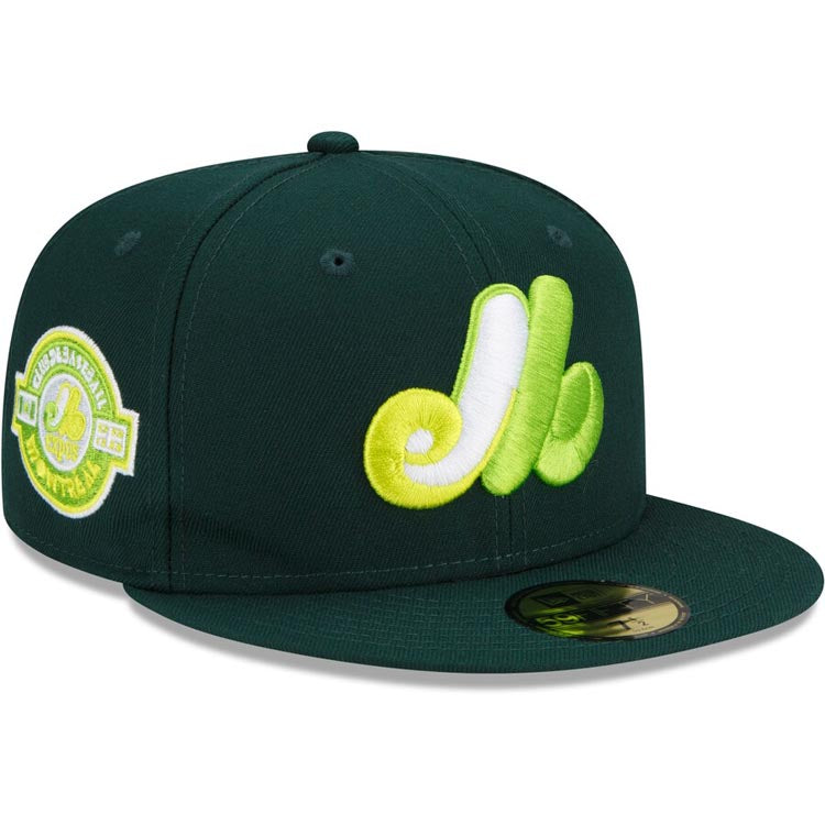 Montreal Expos New Era MLB 59FIFTY 5950 Fitted Cap Hat Dark Green Crown/Visor Light Green/White Logo 40th Anniversary Side Patch