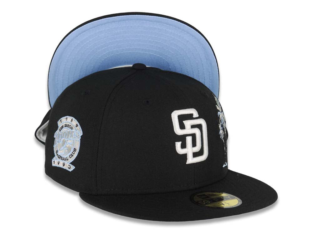 San Diego Padres New Era MLB 59FIFTY 5950 Fitted Cap Hat Black Crown/Visor White Logo With Palm Trees Heart Back Logo 25th Anniversary Side Patch