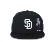 Load image into Gallery viewer, San Diego Padres New Era MLB 59FIFTY 5950 Fitted Cap Hat Black Crown/Visor White Logo With Palm Trees Heart Back Logo 25th Anniversary Side Patch
