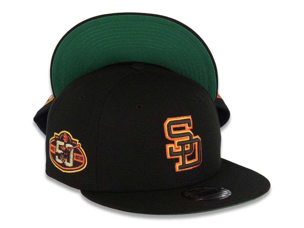 San Diego Padres New Era MLB 9FIFTY 950 Snapback Cap Hat Black Crown/Visor Brown/Yellow/Orange Cooperstown Logo 50th Anniversary Side Patch Green UV