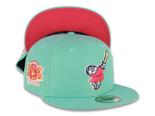 Load image into Gallery viewer, (City Connect Colors) San Diego Padres New Era MLB 59FIFTY 5950 Fitted Cap Hat Light Teal Crown/Visor Magenta/Yellow Swinging Friar Logo Stadium Side Patch
