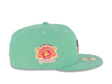 Load image into Gallery viewer, (City Connect Colors) San Diego Padres New Era MLB 59FIFTY 5950 Fitted Cap Hat Light Teal Crown/Visor Magenta/Yellow Swinging Friar Logo Stadium Side Patch
