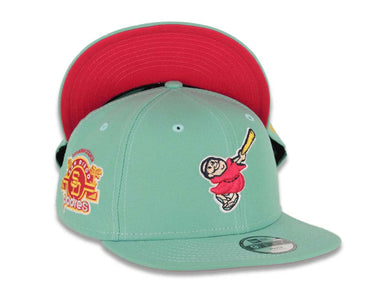 (City Connect Colors) San Diego Padres New Era MLB 9FIFTY 950 Snapback Cap Hat Light Teal Crown/Visor Magenta/Yellow Swinging Friar Logo Stadium Side Patch