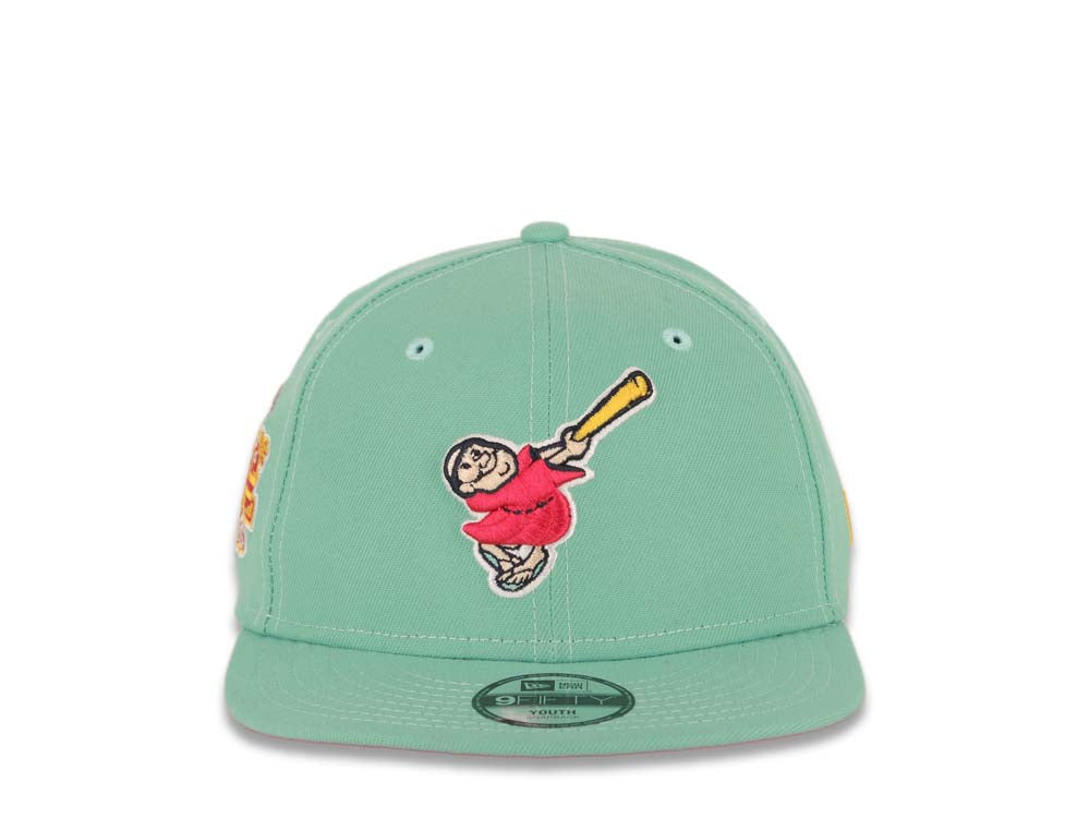 (City Connect Colors) San Diego Padres New Era MLB 9FIFTY 950 Snapback Cap  Hat Light Teal Crown/Visor Magenta/Yellow Swinging Friar Logo Stadium Side  ...