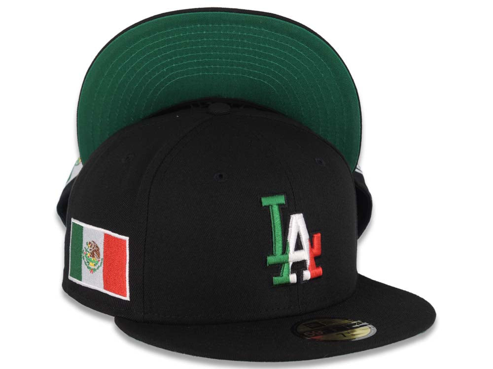 (Mexico Flag Colors) Los Angeles Dodgers New Era MLB 59FIFTY 5950 Fitted Cap Hat Black Crown/Visor Green/White/Red Logo Mexico Flag Side Patch