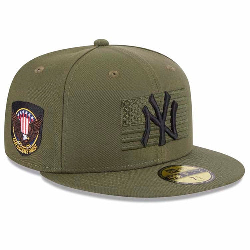 New York Yankees New Era MLB 59FIFTY 5950 Fitted Cap Hat Olive Green Crown/Visor Black Logo (2023 Armed Forces Day)