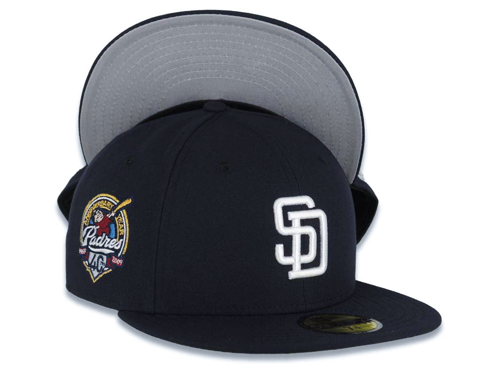 San Diego Padres New Era MLB 59FIFTY 5950 Fitted Cap Hat Navy Blue Crown/Visor White Logo 40th Anniversary Side Patch Gray UV