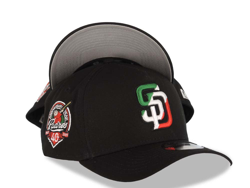 San Diego Padres New Era MLB 9FORTY 940 Adjustable A-Frame Cap Hat Black Crown/Visor Green/White/Red Logo 40th Anniversary Side Patch Gray UV