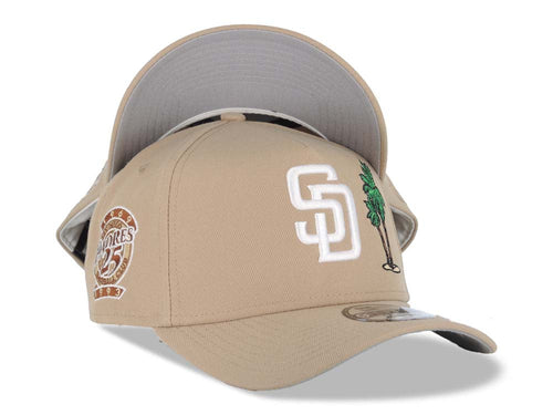 San Diego Padres New Era MLB 9FORTY 940 Adjustable A-Frame Cap Hat Khaki Crown/Visor White Logo With Palm Trees 25th Anniversary Side Patch