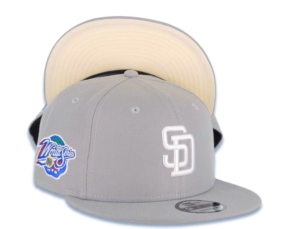 San Diego Padres New Era MLB 9FIFTY 950 Snapback Cap Hat Gray Crown/Visor White Logo 1998 World Series Side Patch Stone UV