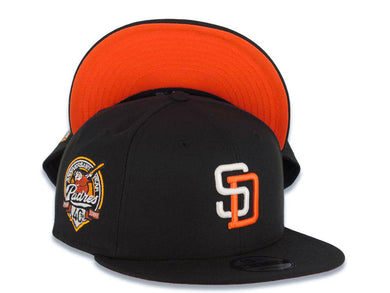 San Diego Padres New Era MLB 9FIFTY 950 Snapback Cap Hat Black Crown/Visor White/Orange Logo 40th Anniversary Side Patch Orange UV