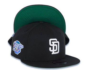 San Diego Padres New Era MLB 9FIFTY 950 Snapback Cap Hat Black Crown/Visor White Logo 1998 World Series Side Patch Green UV
