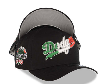 Los Angeles Dodgers New Era MLB 9FORTY 940 Adjustable A-Frame Cap Hat Black Crown/Visor Green/Whit/Red Script Logo 100th Anniversary Side Patch