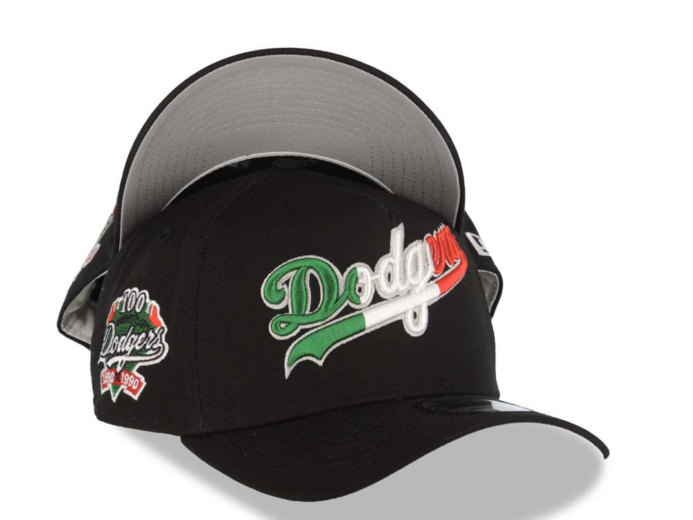 Los Angeles Dodgers New Era MLB 9FORTY 940 Adjustable A-Frame Cap Hat Black Crown/Visor Green/Whit/Red Script Logo 100th Anniversary Side Patch