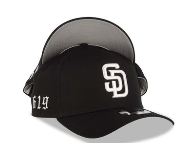San Diego Padres New Era MLB 9FORTY 940 Adjustable A-Frame Cap Hat Black Crown/Visor White Logo 619 Side Patch Gray UV