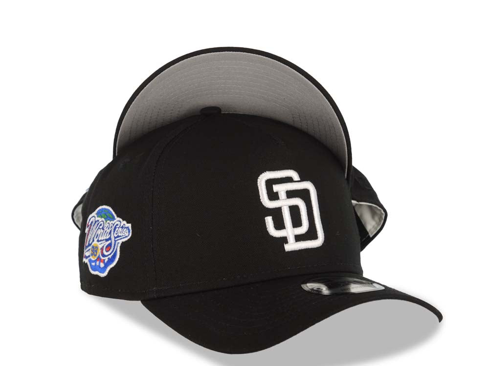 San Diego Padres New Era MLB 9FORTY 940 Adjustable A-Frame Cap Hat Black Crown/Visor White Logo 1998 World Series Side Patch Gray UV