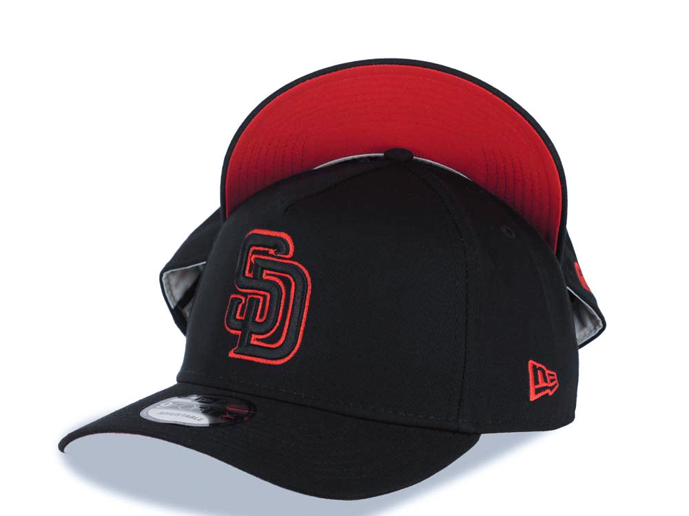San Diego Padres New Era MLB 9FORTY 940 Adjustable A-Frame Cap Hat Black Crown/Visor Black/Red Logo Red UV