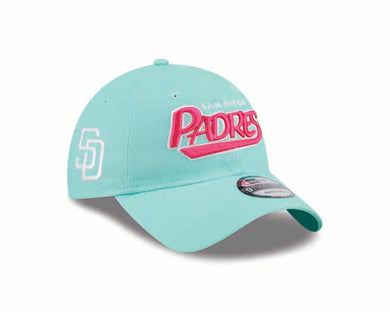 San Diego Padres New Era MLB 9TWENTY 920 Adjustable Cap Hat Light Teal Crown/Visor Magenta Text/Script Logo SD Side Patch