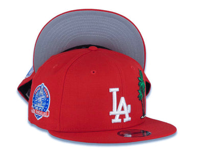 Los Angeles Dodgers New Era 59FIFTY 5950 Fitted Cap Hat Red Crown/Visor White With Palm Trees Logo 60th Anniversary Side Patch Gray UV
