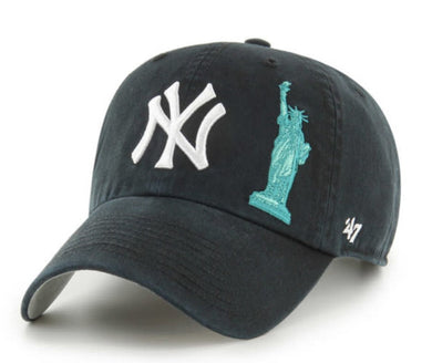 New York Yankees '47 Brand MLB Clean Up Adjustable Cap Hat Navy Blue Crown/Visor White Logo with Statue Liberty Patch