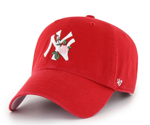 New York Yankees '47 Brand MLB Clean Up Adjustable Cap Hat Red Crown/Visor White with Pink Rose Logo