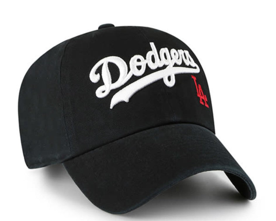 Los Angeles Dodgers '47 Brand MLB Clean Up Adjustable Cap Hat Black Crown/Visor White Text/Script with Flawless Logo