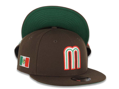 Mexico New Era 9FIFTY 950 Snapback Cap Hat Brown Crown/Visor Red/Green/White Logo Mexico Flag Side Patch Green UV