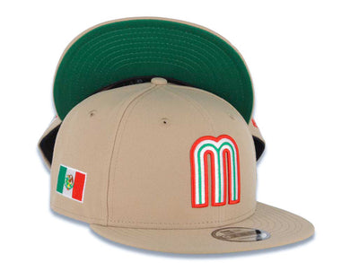 Mexico New Era 9FIFTY 950 Snapback Cap Hat Khaki Crown/Visor Red/White/Green Logo Mexico Flag Side Patch Green UV
