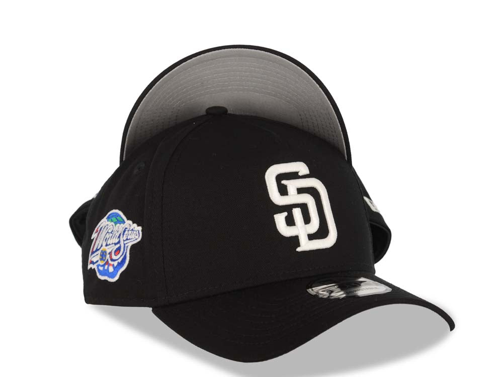 San Diego Padres New Era MLB 9FORTY 940 A-Frame Adjustable Snapback Cap Hat Black Crown/Visor White Logo 1988 World Series Side Patch Gray UV