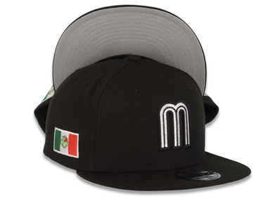 Mexico New Era WBC FIFTY 950 Snapback Cap Hat Black Crown/Visor White/Black Logo Mexico Flag Side Patch Gray UV
