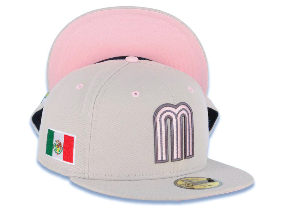 Mexico New Era WBC 59FIFTY 5950 Fitted Cap Hat Stone Crown/Visor Pink/Dark Gray Logo Mexico Flag Side Patch Pink UV