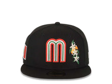 Load image into Gallery viewer, Mexico New Era WBC 59FIFTY 5950 Fitted Cap Hat Black Crown/Visor Red/White/Green Logo With Flower Mexico Flag Side Patch Gray UV
