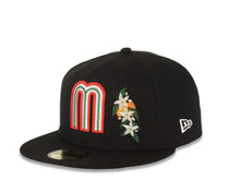 Load image into Gallery viewer, Mexico New Era WBC 59FIFTY 5950 Fitted Cap Hat Black Crown/Visor Red/White/Green Logo With Flower Mexico Flag Side Patch Gray UV
