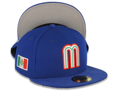 Mexico New Era WBC 59FIFTY 5950 Fitted Cap Hat Royal Blue Crown/Visor Team Color Logo Mexico Flag Side Patch Gray UV