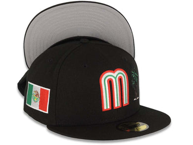 Mexico New Era WBC 59FIFTY 5950 Fitted Cap Hat Black Crown/Visor Team Color Logo With Palm Tree Mexico Flag Side Patch Gray UV