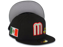 Load image into Gallery viewer, Mexico New Era WBC 59FIFTY 5950 Fitted Cap Hat Black Crown/Visor Team Color Logo With Sombrero Mexico Flag Side Patch Gray UV
