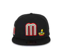 Load image into Gallery viewer, Mexico New Era WBC 59FIFTY 5950 Fitted Cap Hat Black Crown/Visor Team Color Logo With Sombrero Mexico Flag Side Patch Gray UV
