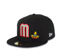 Load image into Gallery viewer, Mexico New Era WBC 59FIFTY 5950 Fitted Cap Hat Black Crown/Visor Team Color Logo With Sombrero Mexico Flag Side Patch Gray UV
