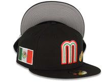 Load image into Gallery viewer, Mexico New Era WBC 59FIFTY 5950 Fitted Cap Hat Black Crown/Visor Red/White/Green Logo With Sombrero Hat Mexico Flag Side Patch Gray UV
