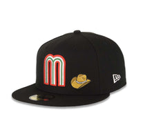 Load image into Gallery viewer, Mexico New Era WBC 59FIFTY 5950 Fitted Cap Hat Black Crown/Visor Red/White/Green Logo With Sombrero Hat Mexico Flag Side Patch Gray UV
