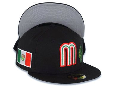 Mexico New Era WBC 59FIFTY 5950 Fitted Cap Hat Black Crown/Visor Team Color Logo with Cactus Mexico Flag Side Patch Gray UV