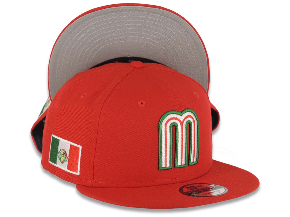 Mexico New Era WBC World Baseball Classic 9FIFTY 950 Snapback Cap Hat Red Crown/Visor Team Color Logo Mexico Flag Side Patch Gray UV