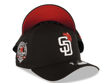 San Diego Padres New Era MLB 9FORTY 940 Adjustable A-Frame Cap Hat Black Crown/Visor White Logo With Cap 40th Anniversary Side Patch Red UV