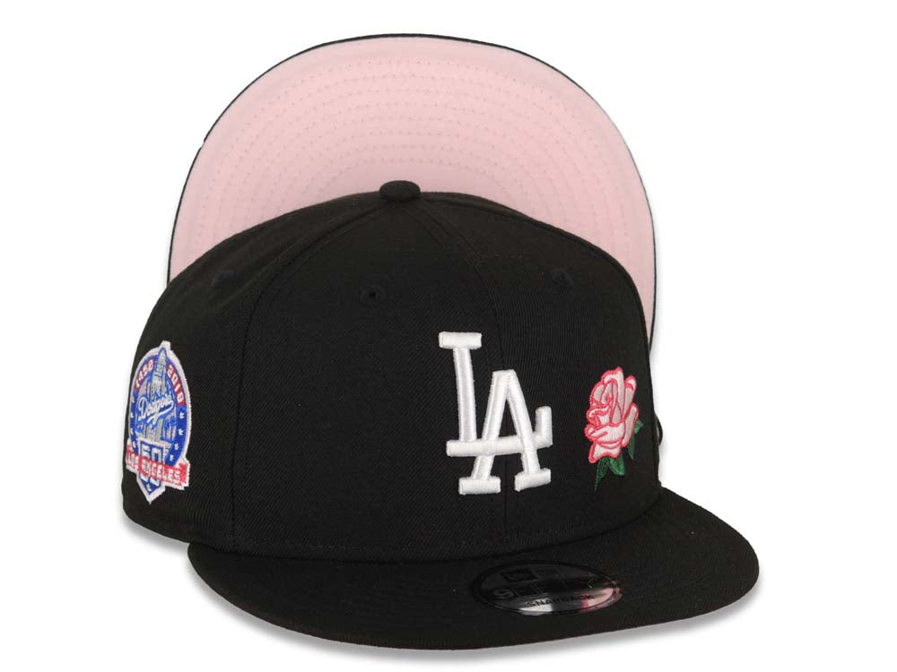 Los Angeles Dodgers New Era MLB 9FIFTY 950 Snapback Cap Hat Black Crown/Visor White Logo With Rose 60th Anniversary Side Patch Pink UV