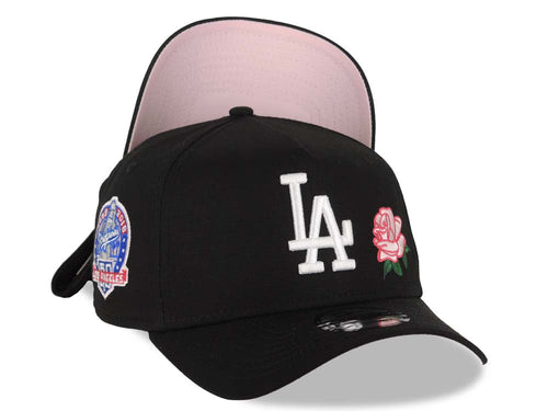 Los Angeles Dodgers New Era MLB 9FORTY 940 Adjustable A-Frame Cap Hat Black Crown/Visor White Logo With Rose 60th Anniversary Side Patch Pink UV